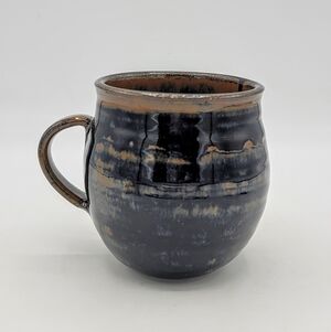 Hand Thrown Studio Pottery Mug Signed RH 1991 Stoneware Dark Glaze Handmade Vtg